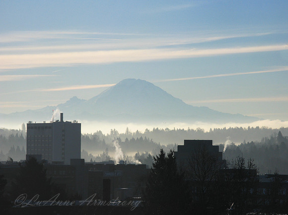 Office view of Mt Rainier on a cold morning